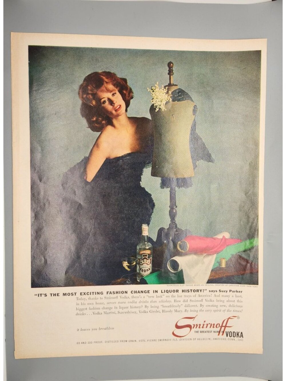 Vintage 1961 Smirnoff Vodka Ad Featuring Suzy Parker 13"x10" Retro Liquor Advert